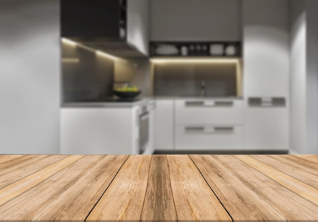 Tablero de madera mesa vacía fondo borroso cocina moderna