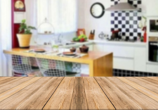 Tablero de madera mesa vacía fondo borroso cocina moderna