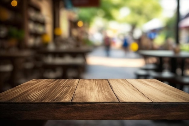 Tablero de madera mesa vacía frente a fondo borroso Maqueta para mostrar el producto