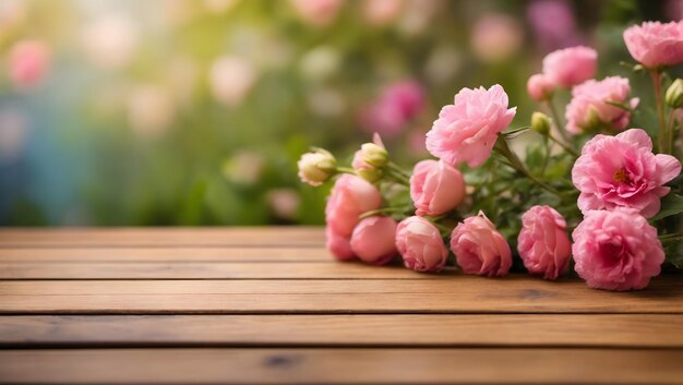 Tablero de madera mesa vacía sobre fondo de flores borrosas