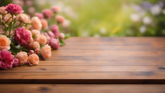 Tablero de madera mesa vacía sobre fondo de flores borrosas