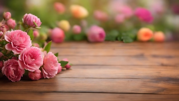 Tablero de madera mesa vacía sobre fondo de flores borrosas