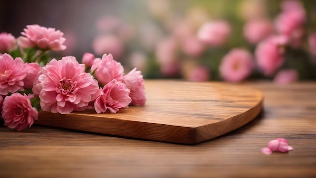 Tablero de madera mesa vacía sobre fondo de flores borrosas