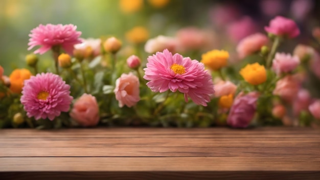 Tablero de madera mesa vacía sobre fondo de flores borrosas