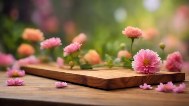 Tablero de madera mesa vacía sobre fondo de flores borrosas