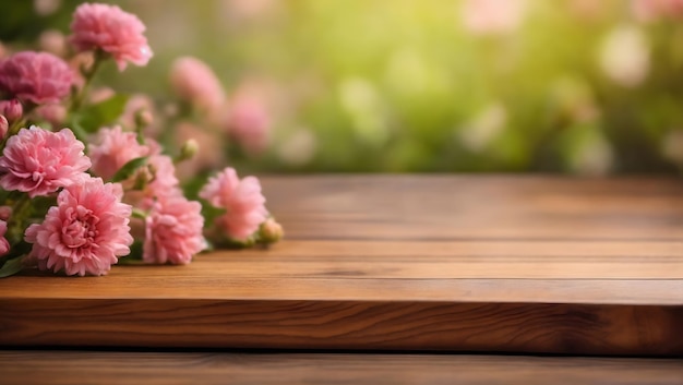 Tablero de madera mesa vacía sobre fondo de flores borrosas