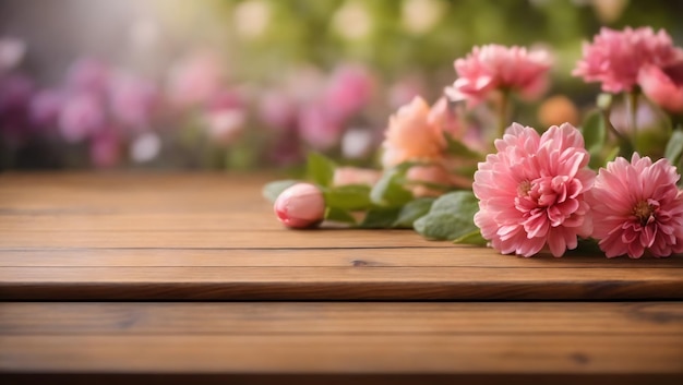 Tablero de madera mesa vacía sobre fondo de flores borrosas