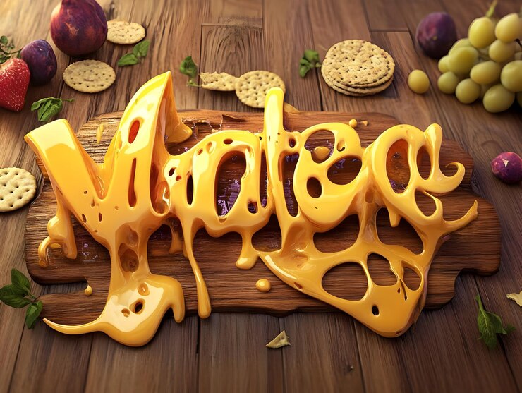 Foto un tablero de madera muestra la palabra "meltedquot" en queso pegajoso rodeado de bocadillos y frutas