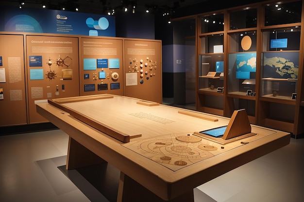 Un tablero de madera en un museo de ciencias con exposiciones interactivas