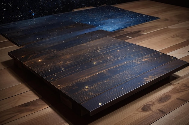 Un tablero de madera oscurecido contra un cielo estrellado de la noche
