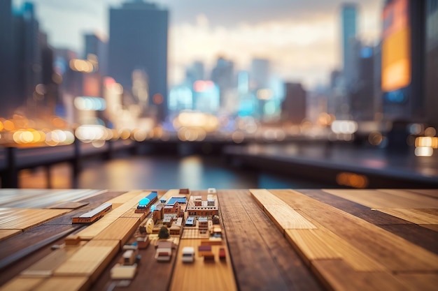 Un tablero de madera con un paisaje urbano futurista desenfocado