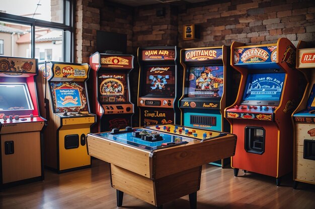 Foto un tablero de madera rodeado de máquinas de arcade antiguas de juegos retro