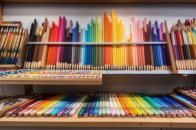 Un tablero de madera en una tienda de suministros de arte con materiales de arte coloridos