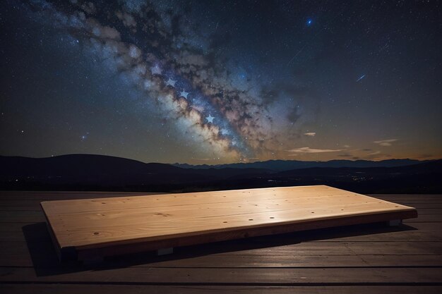 Un tablero de madera vacío contra un cielo nocturno estrellado para un anuncio de equipos de observación de estrellas