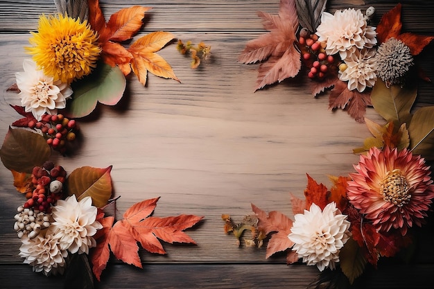 Tablero de madera vacío con hojas y flores de otoño