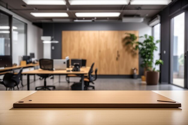 Foto un tablero de madera vacío en una oficina de una startup tecnológica con productos tecnológicos innovadores