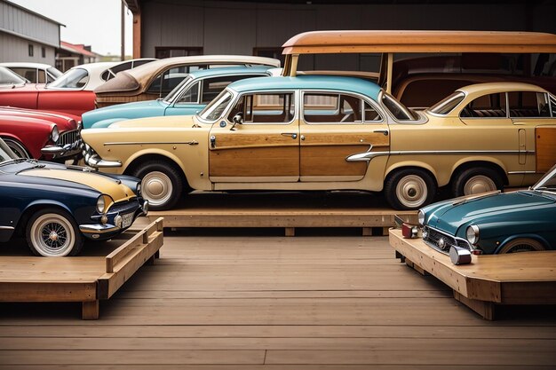 Foto un tablero de madera vacío rodeado de autos antiguos y accesorios automotrices