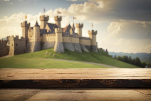 Foto un tablero de madera vacío con un telón de fondo de castillo medieval desenfocado