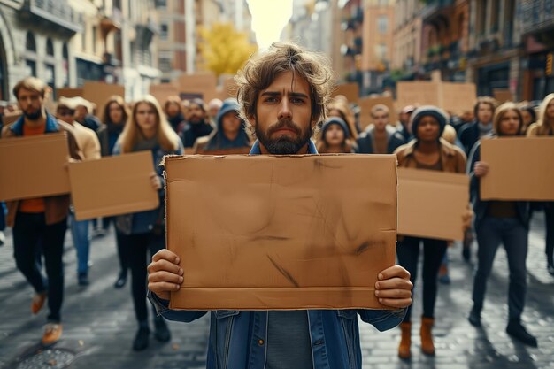 Un tablero de mensajes vacío habla en voz alta en una demostración contra la indiferencia