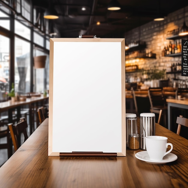 Foto tablero de menú en blanco en la mesa de madera