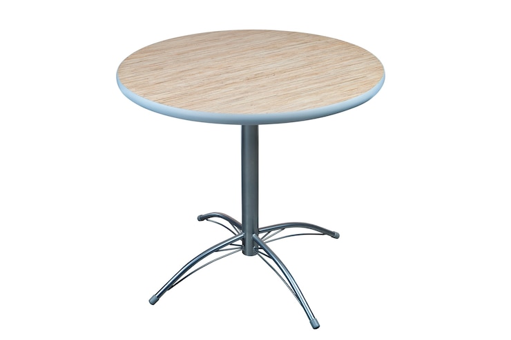 Foto tablero de mesa laminado redondo con base de acero inoxidable, aislado sobre fondo blanco, incluye trazado de recorte.