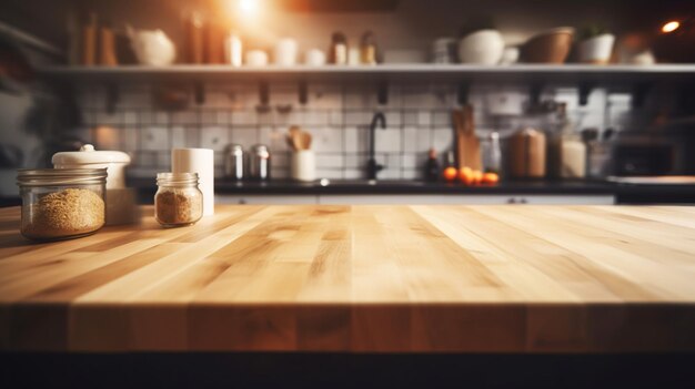 tablero de mesa vacío y fondo de cocina moderno desenfocado ai generativo