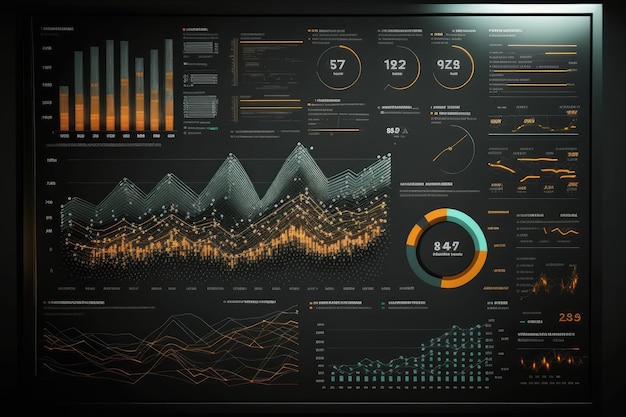 Tablero de minería de datos con tablas y gráficos que muestran tendencias de datos creadas con inteligencia artificial generativa