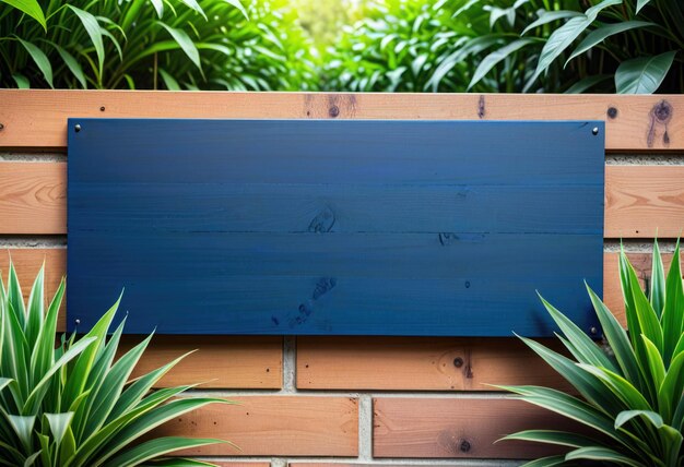 Un tablero de nombres vacío o una pancarta de madera colocada en un jardín doméstico a la espera de personalización o decoración