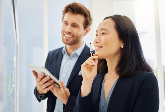 El tablero de pensamiento y los empresarios felices trabajan en equipo en la planificación de proyectos de investigación o la solución de lluvia de ideas Plan corporativo de diversidad y equipo de representantes de ventas hombre o mujer asiática análisis de ideas de oficina