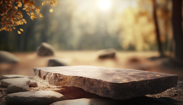 Tablero de piedra mesa vacía frente a la perspectiva de fondo borroso piedra marrón sobre árboles borrosos en el bosque ai generativo