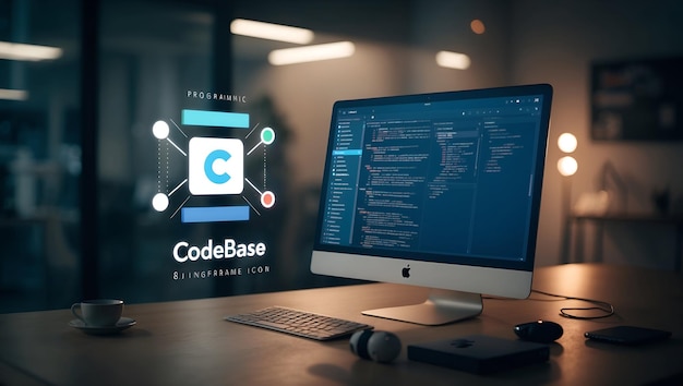 Tablero de programación fotorrealista y icono de base de código con espacio de texto en fondo profesional