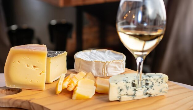 tablero de queso con un vaso de vino blanco