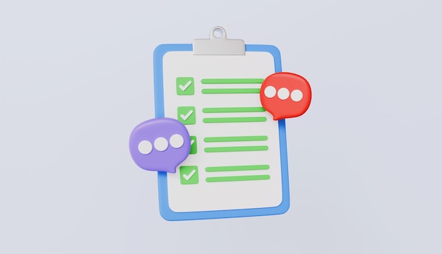 Tablero de recortes de lista de control con icono de chat Lista Todo Concepto de logro de la meta Ilustración 3D