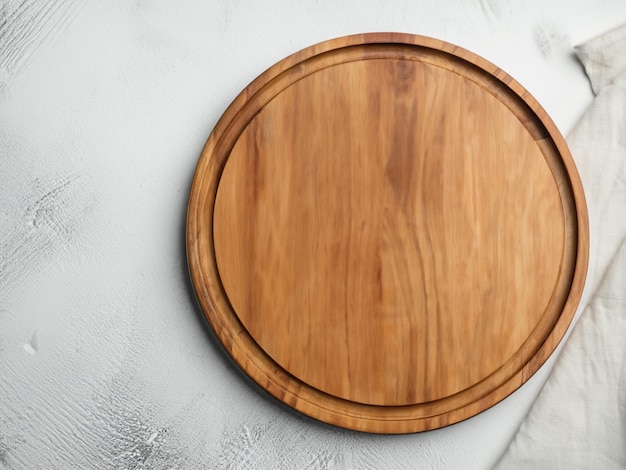 Tablero redondo de madera vacío en la mesa de la cocina de piedra blanca  vista superior plana lay plato de pizza de madera cop