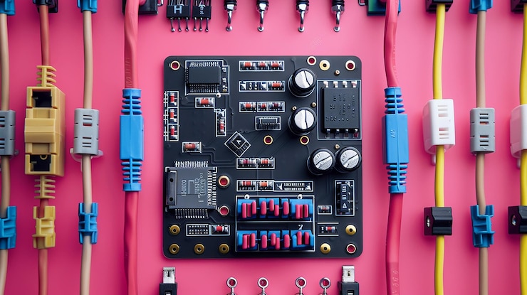Foto un tablero rojo con muchas partes diferentes y los controles en él