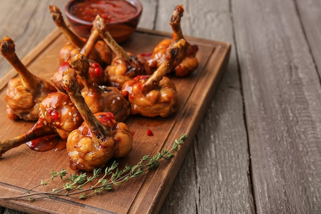 Tablero con sabrosas piruletas de pollo sobre superficie de madera