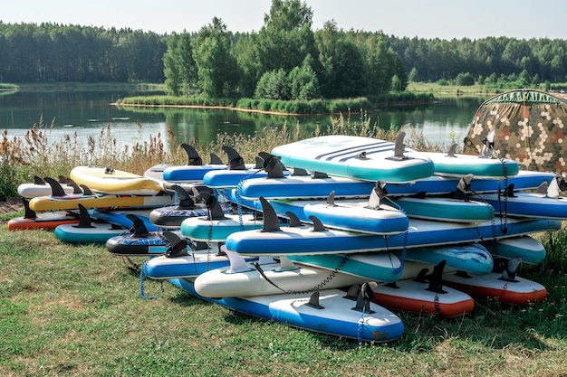 Tablero de Sup Primer plano de stand up SUP paddle board en el lago Alquiler de tablero de Sup Tablas de surf en el stand durante la temporada de verano