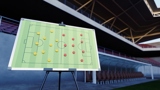 Foto tablero táctico de fútbol en la representación 3d del estadio