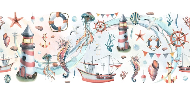 Tablero transparente con habitantes submarinos marinos un faro y un barco Ilustración de acuarela sobre un fondo blanco con lavados de la colección SYMPHONY OF THE SEA