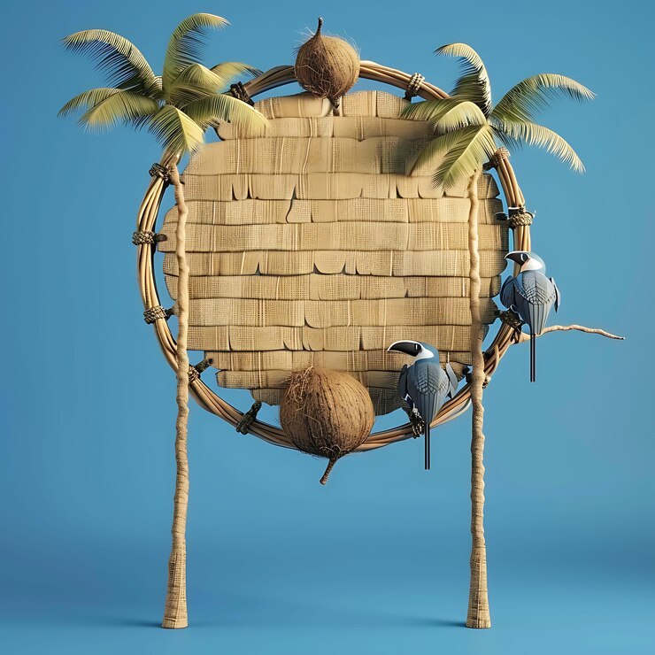 Foto tablero vacante con tema de árbol de coco construido a partir de mecha natural signo creativo para publicidad