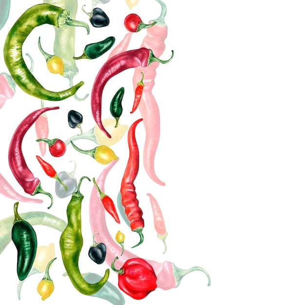 Tablero de varios hot chili peppers ilustración acuarela aislado en blanco