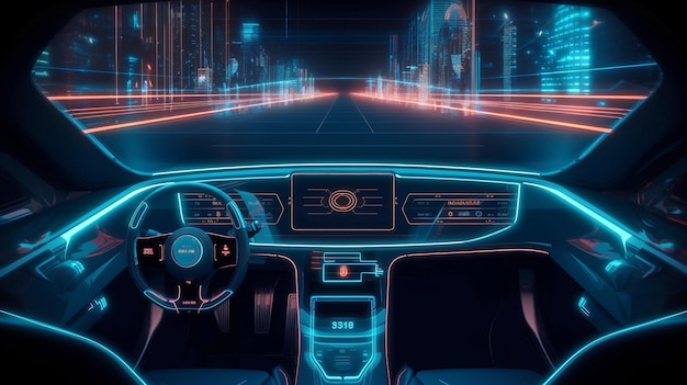 Tablero del vehículo autónomo Vehículo autónomo Vehículo autónomo el headup display La IA generativa