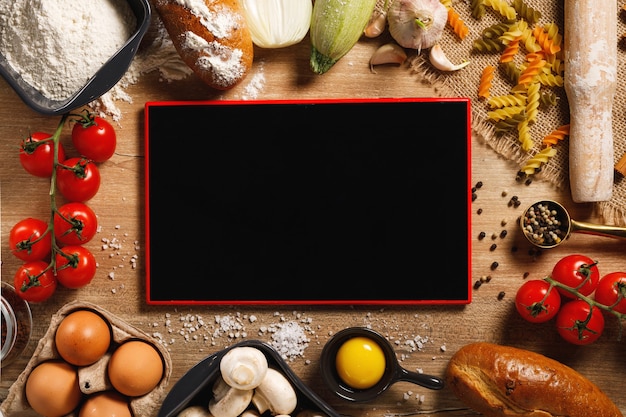 Tablero de vista superior y verduras con especias en la mesa de la cocina. Concepto de clases de cocina. con espacio de copia