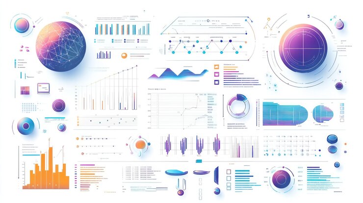 Foto tablero de visualización de datos futuristas con varios gráficos y infografías