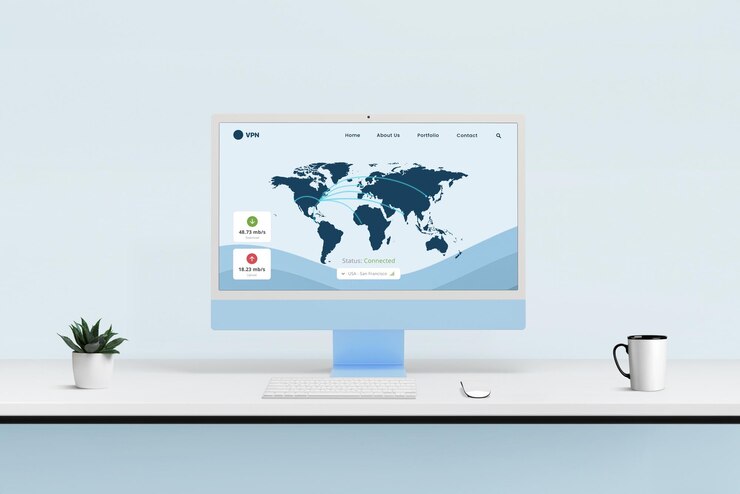 Foto tablero vpn con estado de conexión de mapa de servidor global y medidor de velocidad mostrado en una pantalla de escritorio azul en un concepto de espacio de trabajo moderno