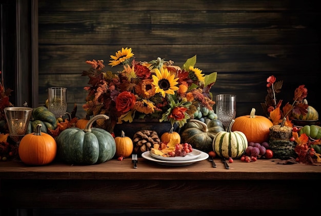 Tablescape de acción de gracias con hojas coloridas y calabazas.