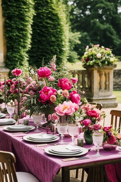 Tablescape de vacaciones mesa de cena formal ajuste de mesa de peonía rosa con decoración de peonías para bodas y celebración de eventos ai generativo