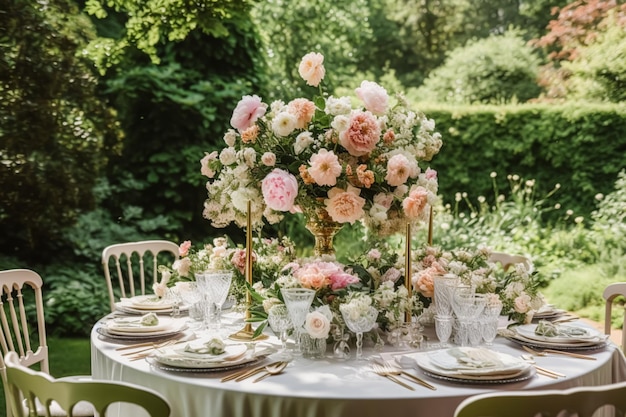 Tablescape de vacaciones mesa de cena formal con flores de peonía paisaje de mesa con decoración de peonías para la fiesta de bodas y la celebración de eventos ai generativo