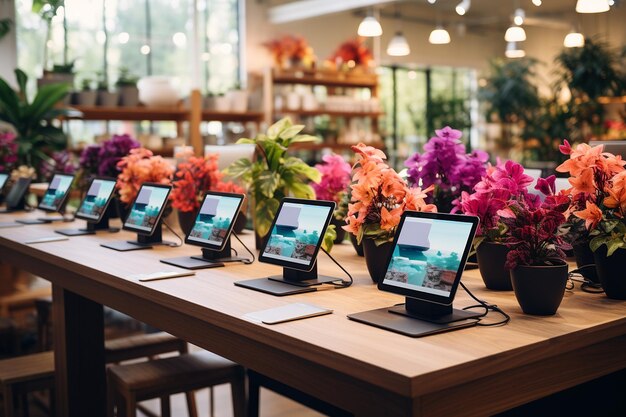 Foto tablet auf einem schreibtisch mit einem bunten blumenmarktblick