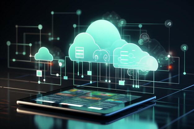 Tablet com diagrama de computação em nuvem